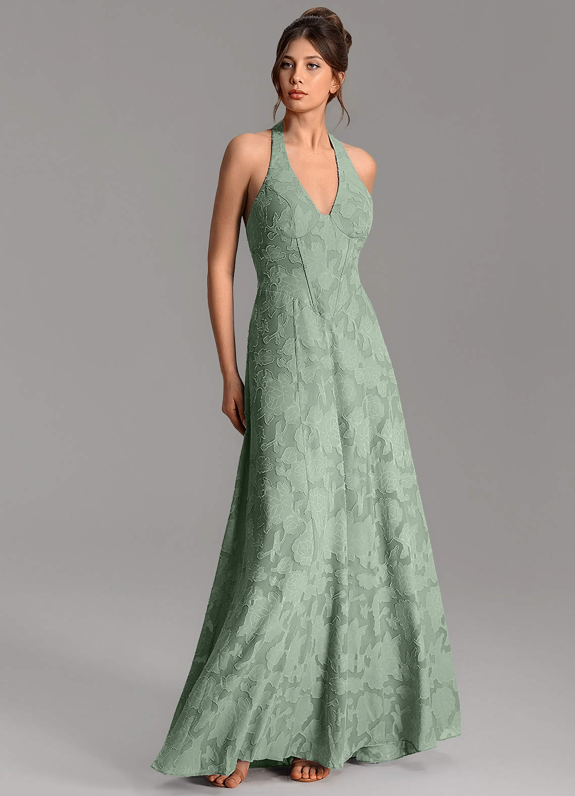 Nia A-Line V-Neck Floral Burnout Bridesmaid Dress in Matcha