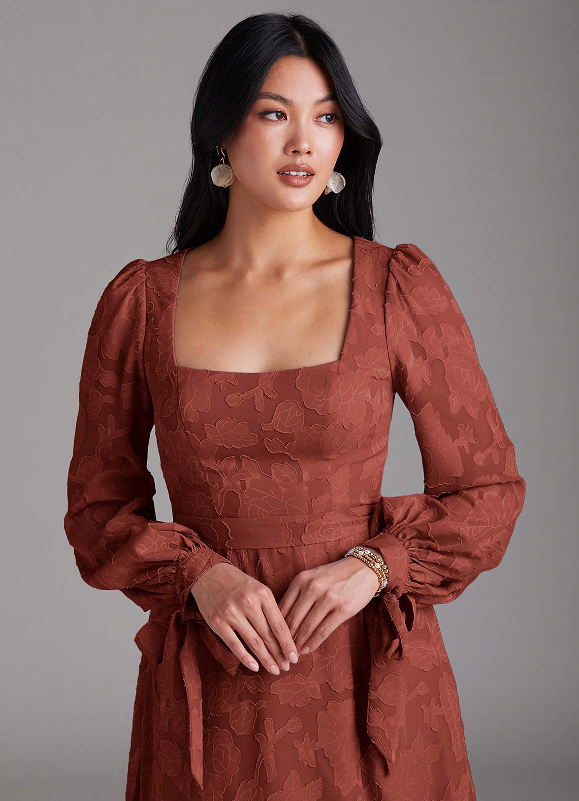 Leonia A-Line Square-Neck Stretch Satin Bridesmaid Dress in Terracotta