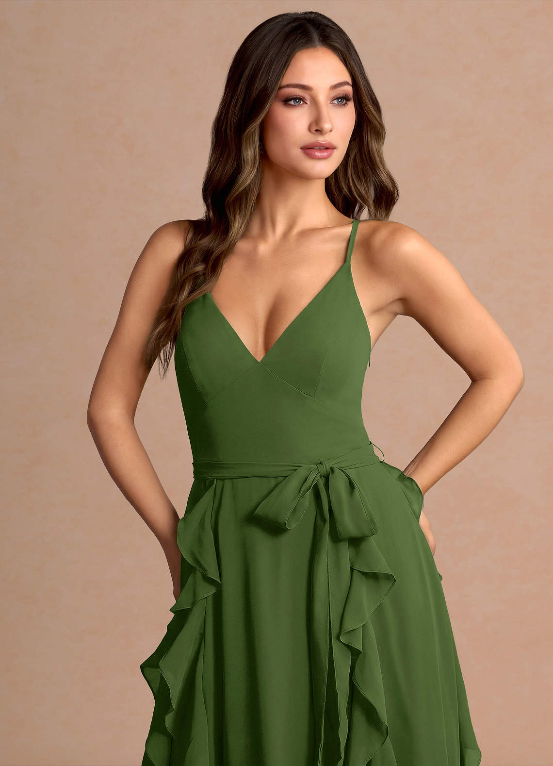 Alouette A-Line V-Neck Chiffon Evening Dress in Olive