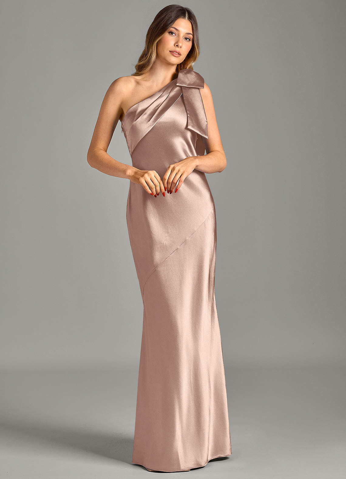 Yuanna Mermaid One-Shoulder Metallic Satin Bridesmaid Dress in Taupe