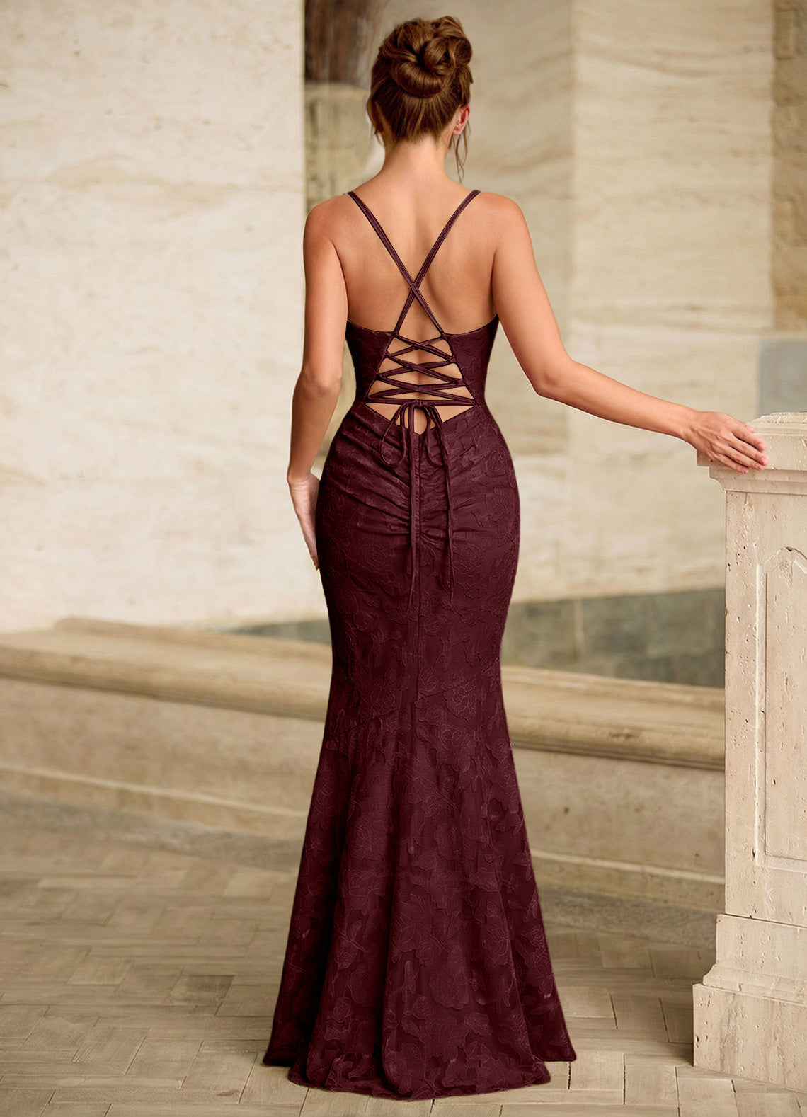 Leahenmo Mermaid Cowl-Neck Floral Burnout Prom Dress in Wine - photo 2