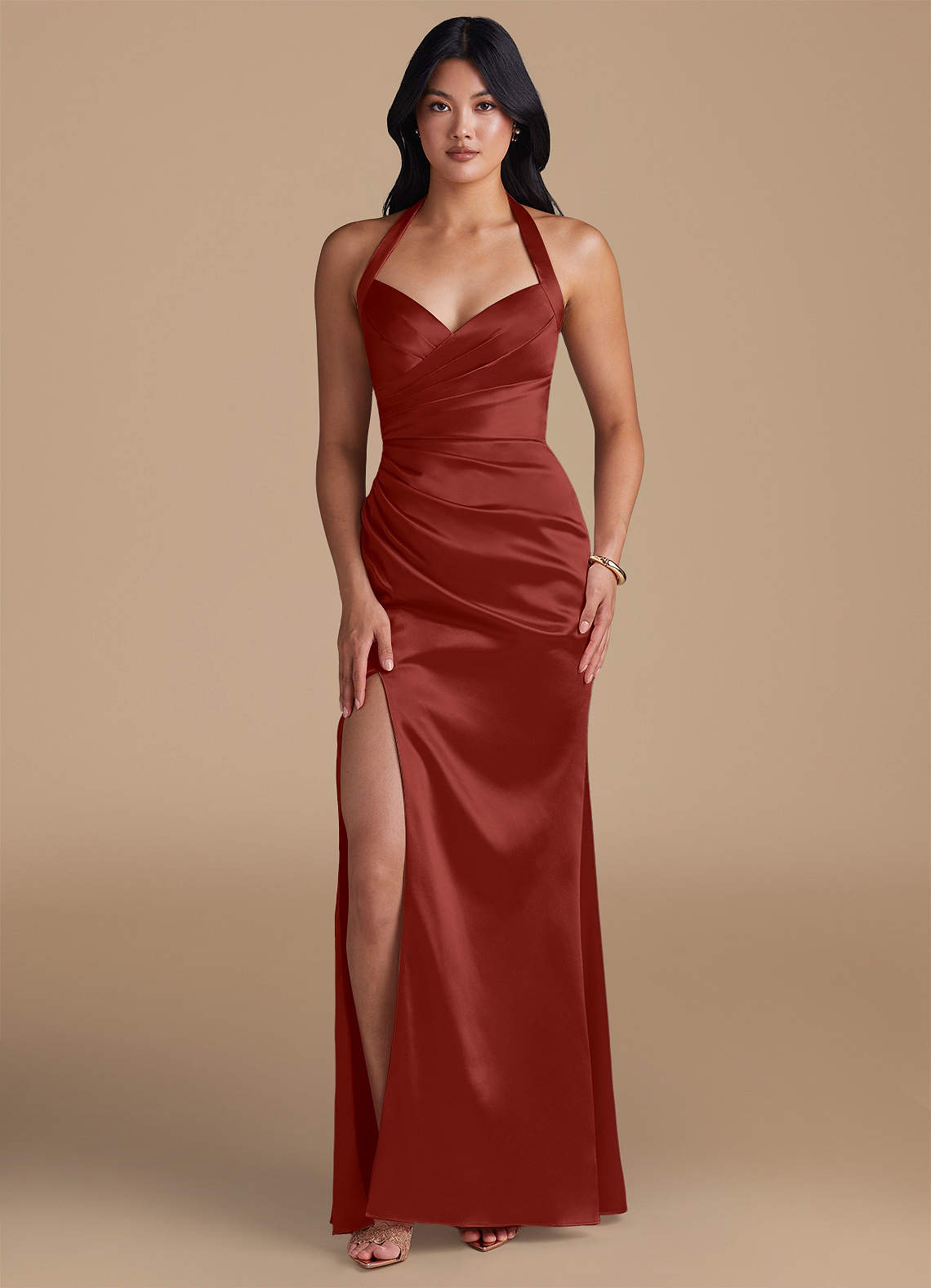 Emeria Sheath Halter Metallic Satin Bridesmaid Dress in Terracotta
