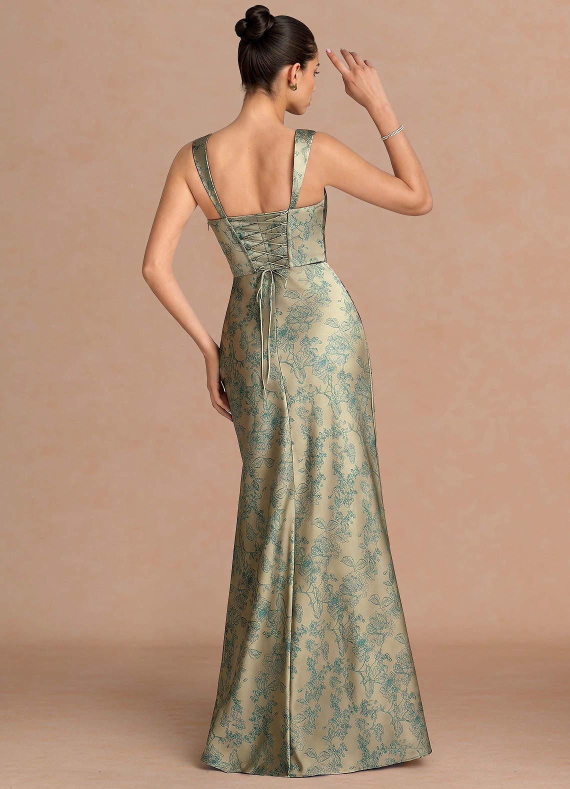 Agustina Square-Neck Pleated Jacquard Evening Dress in Platinum Teal
