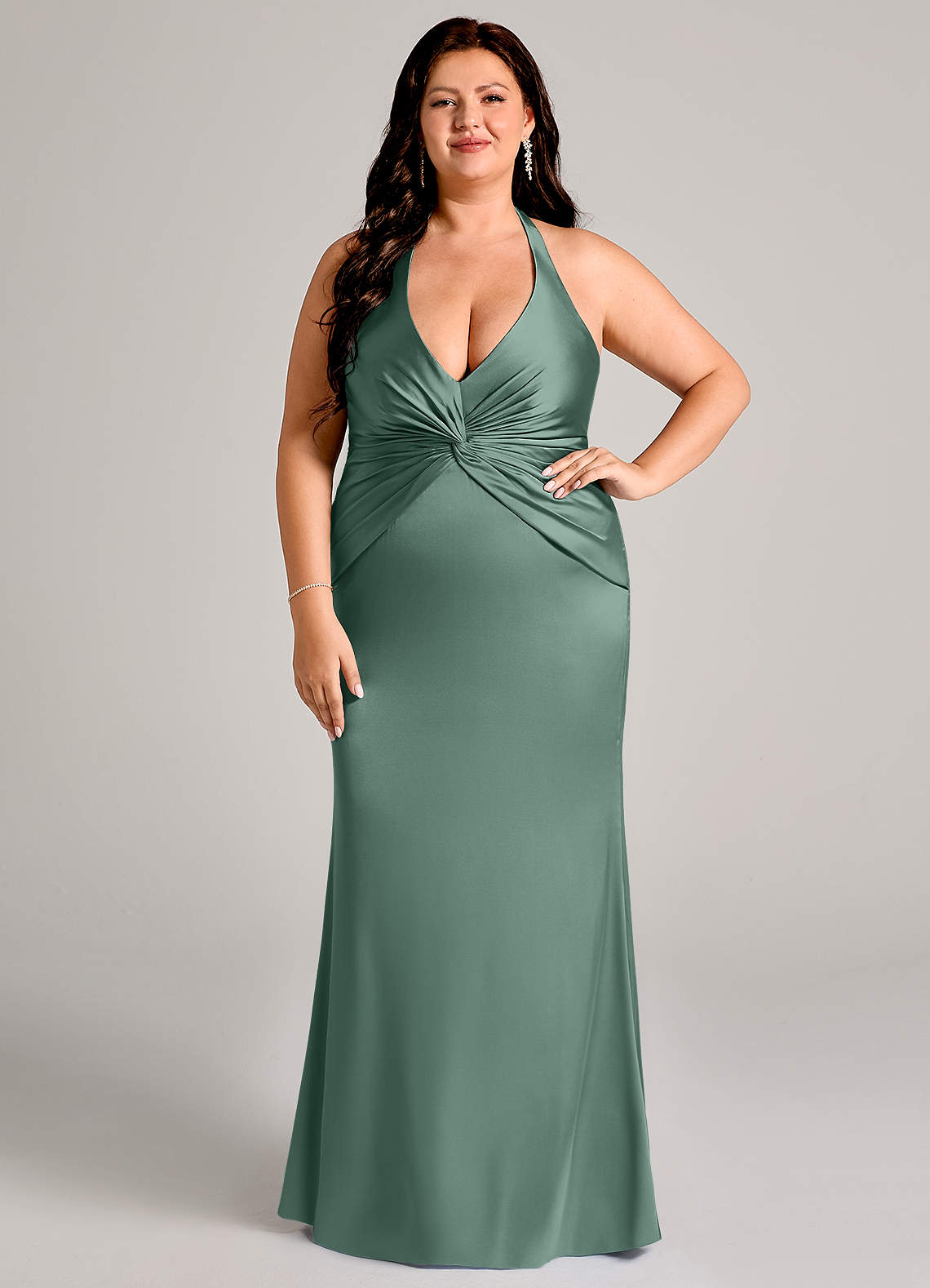 Valerie Mermaid V-Neck Stretch Satin Bridesmaid Dress in Eucalyptus