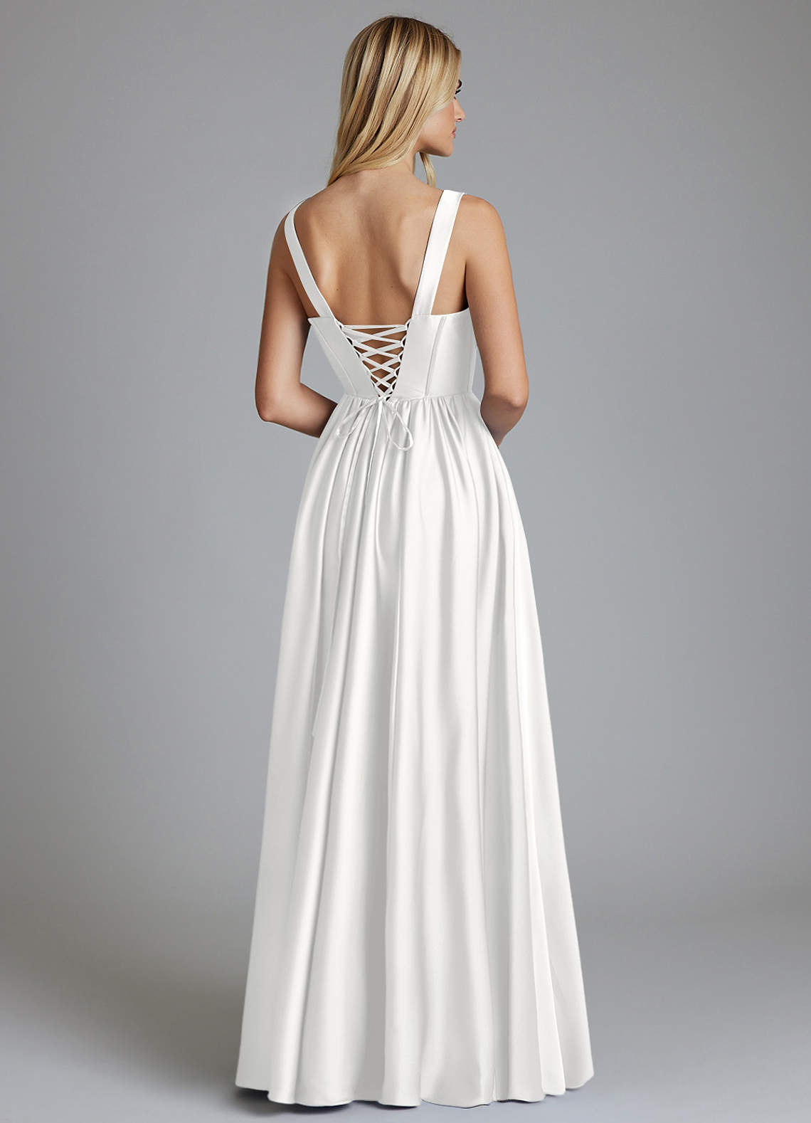 Delmie A-Line V-Neck Stretch Satin Bridesmaid Dress in white