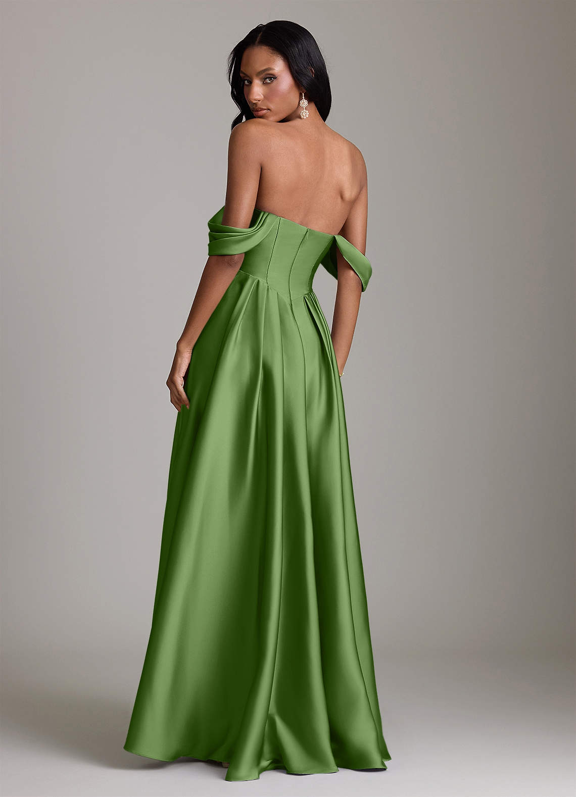 Loisa A-Line Off-the-Shoulder Stretch Satin Bridesmaid Dress in Basil