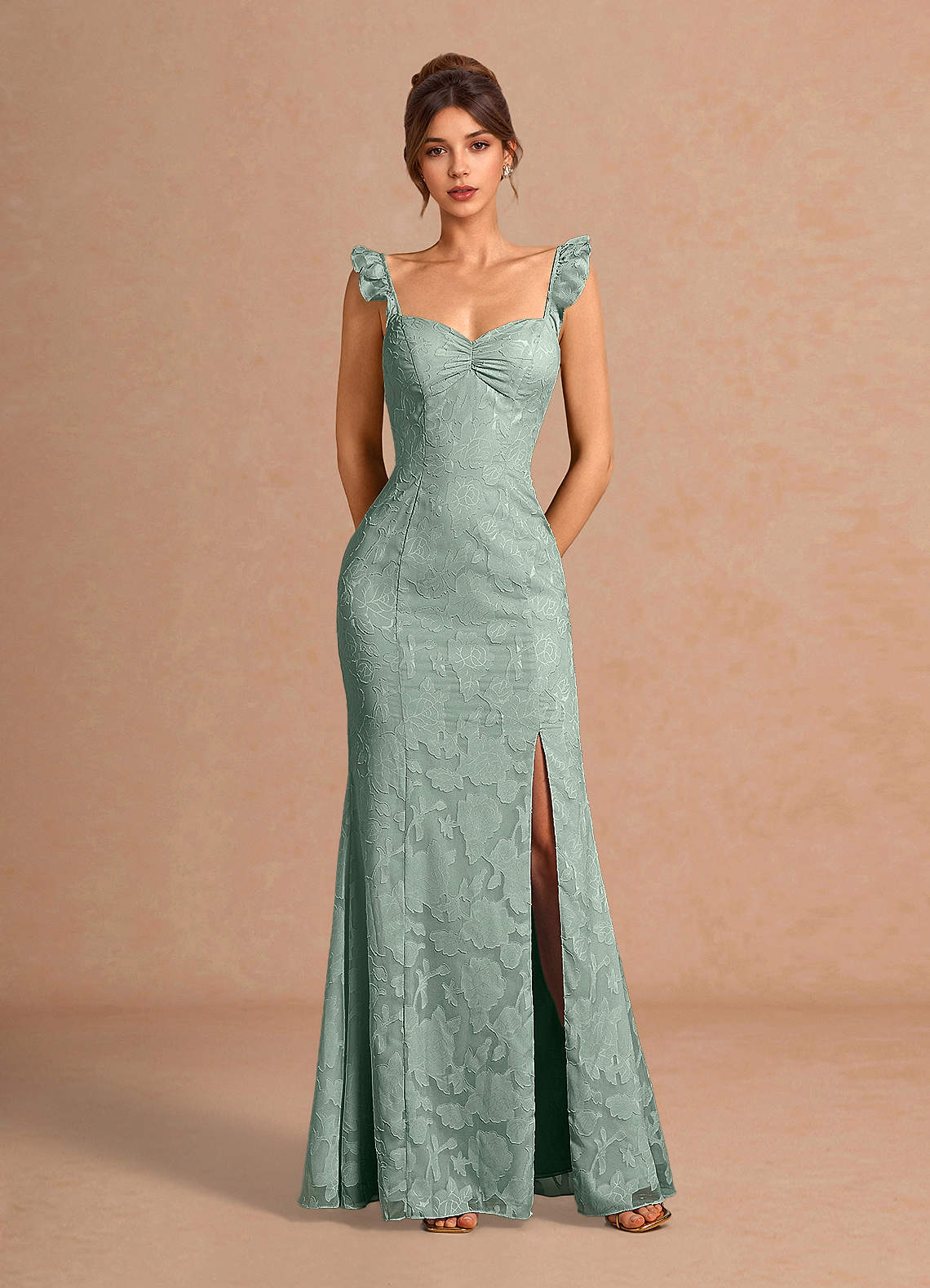 Romilly Mermaid Ruffled Chiffon Burnout Evening Dress in Agave Green