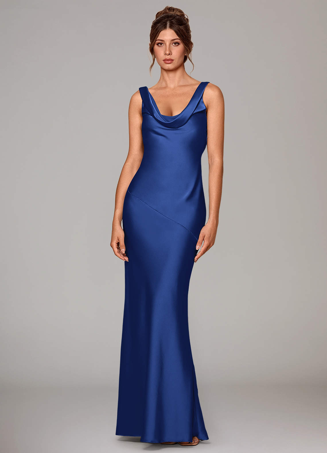 Rylina Mermaid Cowl-Neck Stretch Satin Bridesmaid Dress in Royal Blue