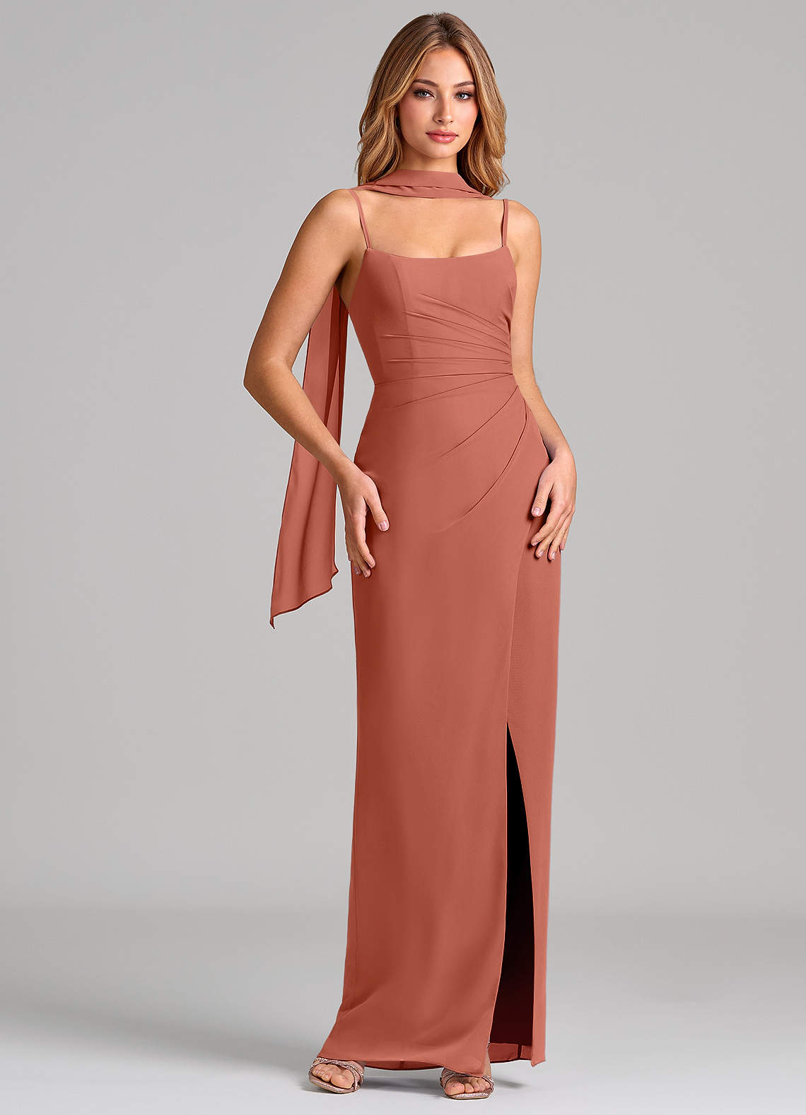 Calandra Sheath Scoop-Neck Chiffon Bridesmaid Dress in Clay