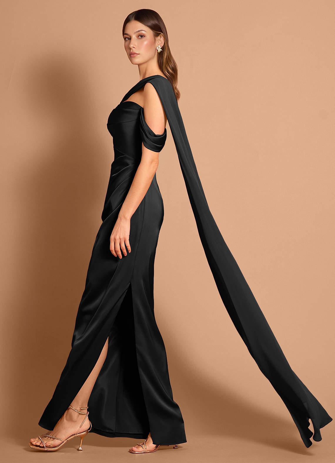 Meliora Asymmetric Strapless Chiffon-Drape Stretch Satin Evening Dress in black