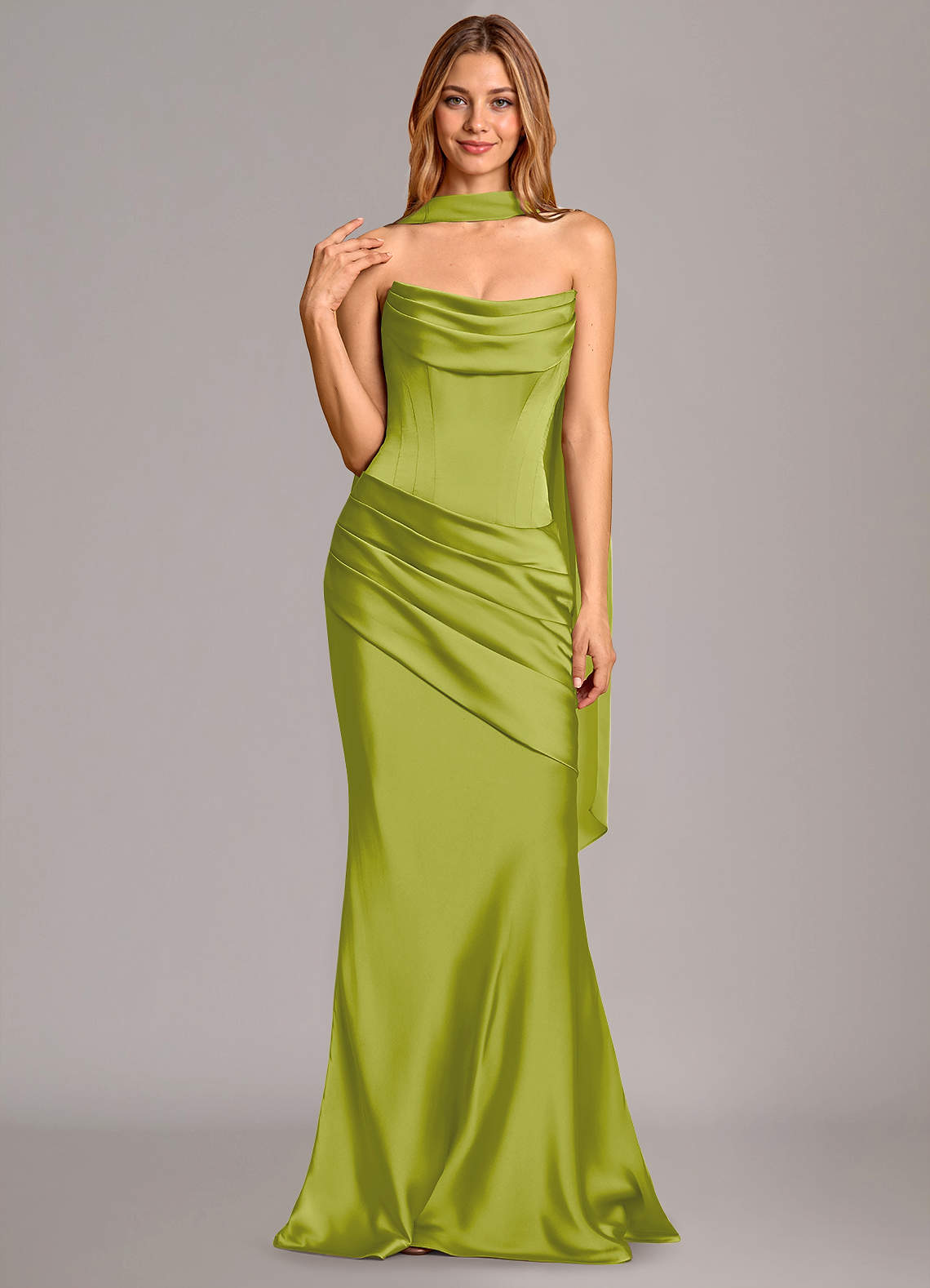Pelagia Mermaid Cowl-Neck Stretch Satin Bridesmaid Dress in Lemongrass