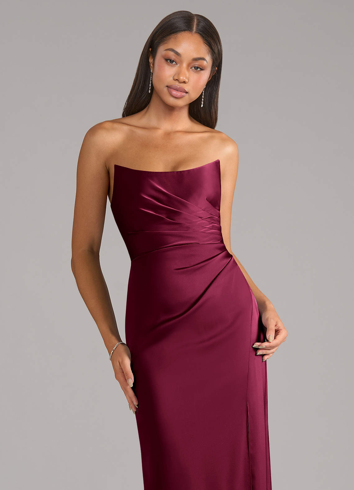 Marla Sheath Strapless Stretch Satin Bridesmaid Dress in Burgundy