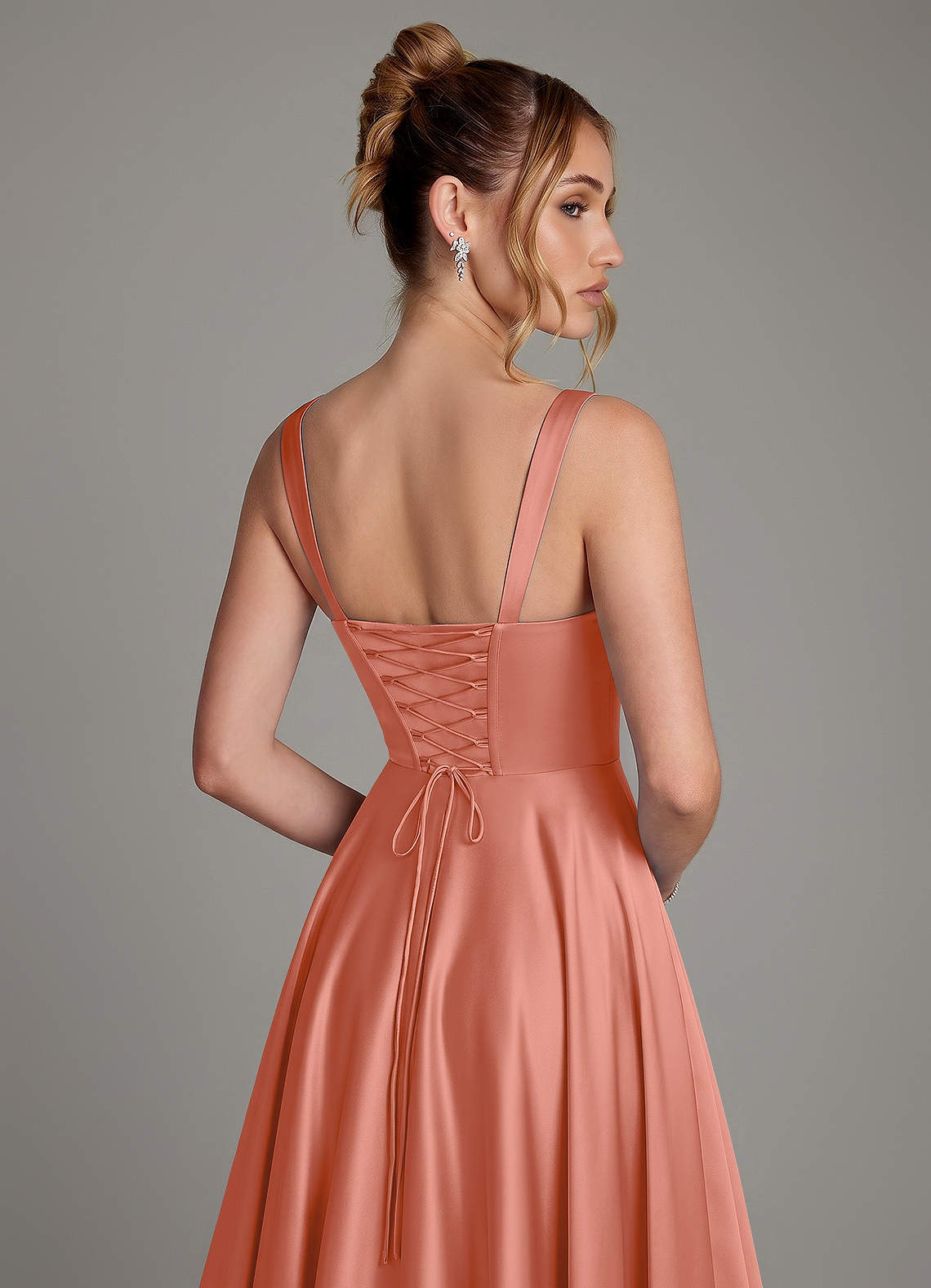 Azaria A-Line Square-Neck Stretch Satin Bridesmaid Dress in Salmon Pink