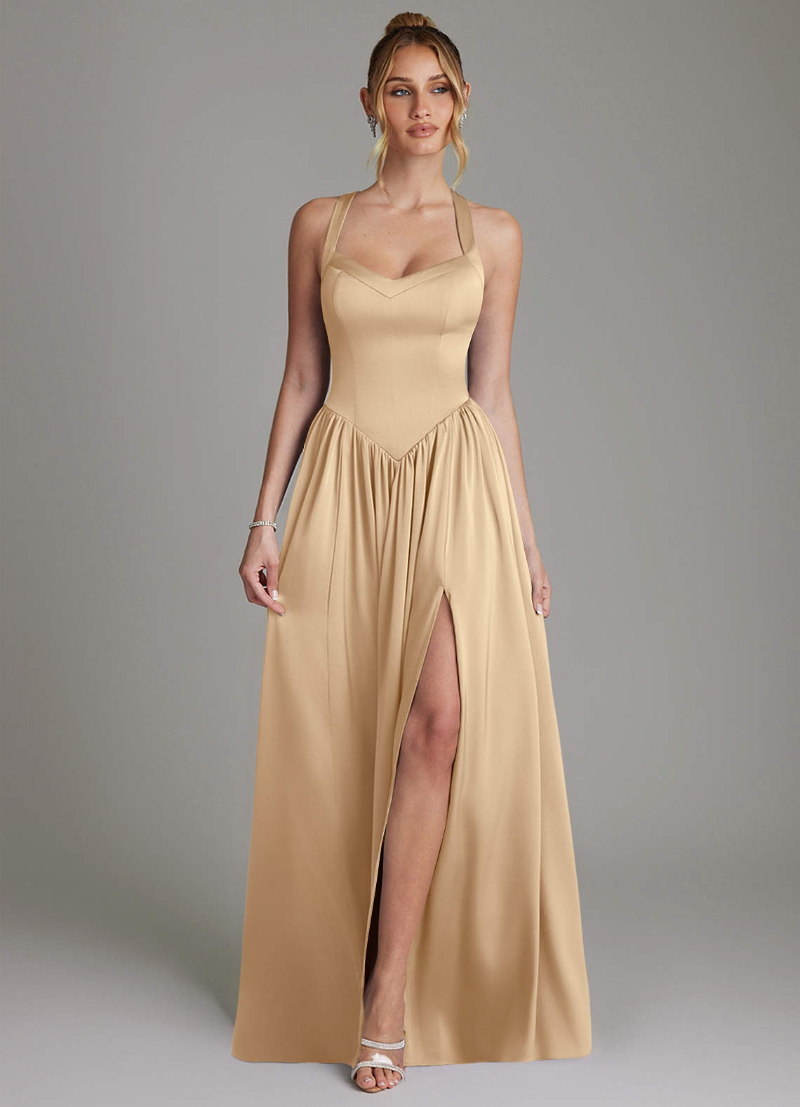Francis A-Line V-Neck Stretch Satin Bridesmaid Dress in Champagne