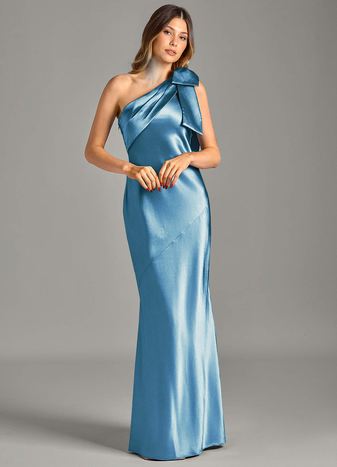 Yuanna Mermaid One-Shoulder Metallic Satin Bridesmaid Dress in Steel Blue