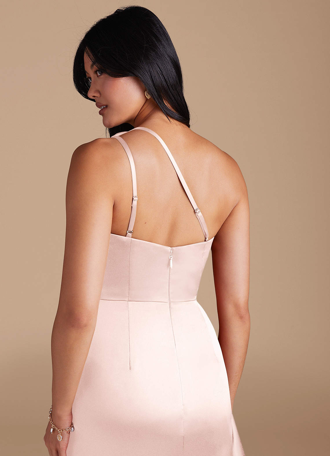 Latrice Sheath One-Shoulder Metallic Satin Bridesmaid Dress in Blushing Pink