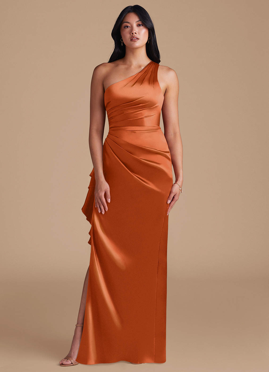 Latrice Sheath One-Shoulder Metallic Satin Bridesmaid Dress in Burnt Orange