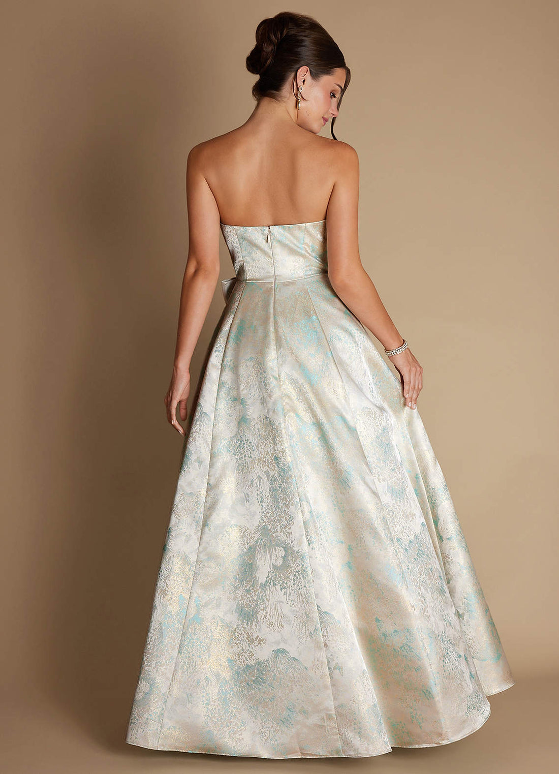 Alanis A-Line Strapless Brocade Evening Dress in Mint Pearl
