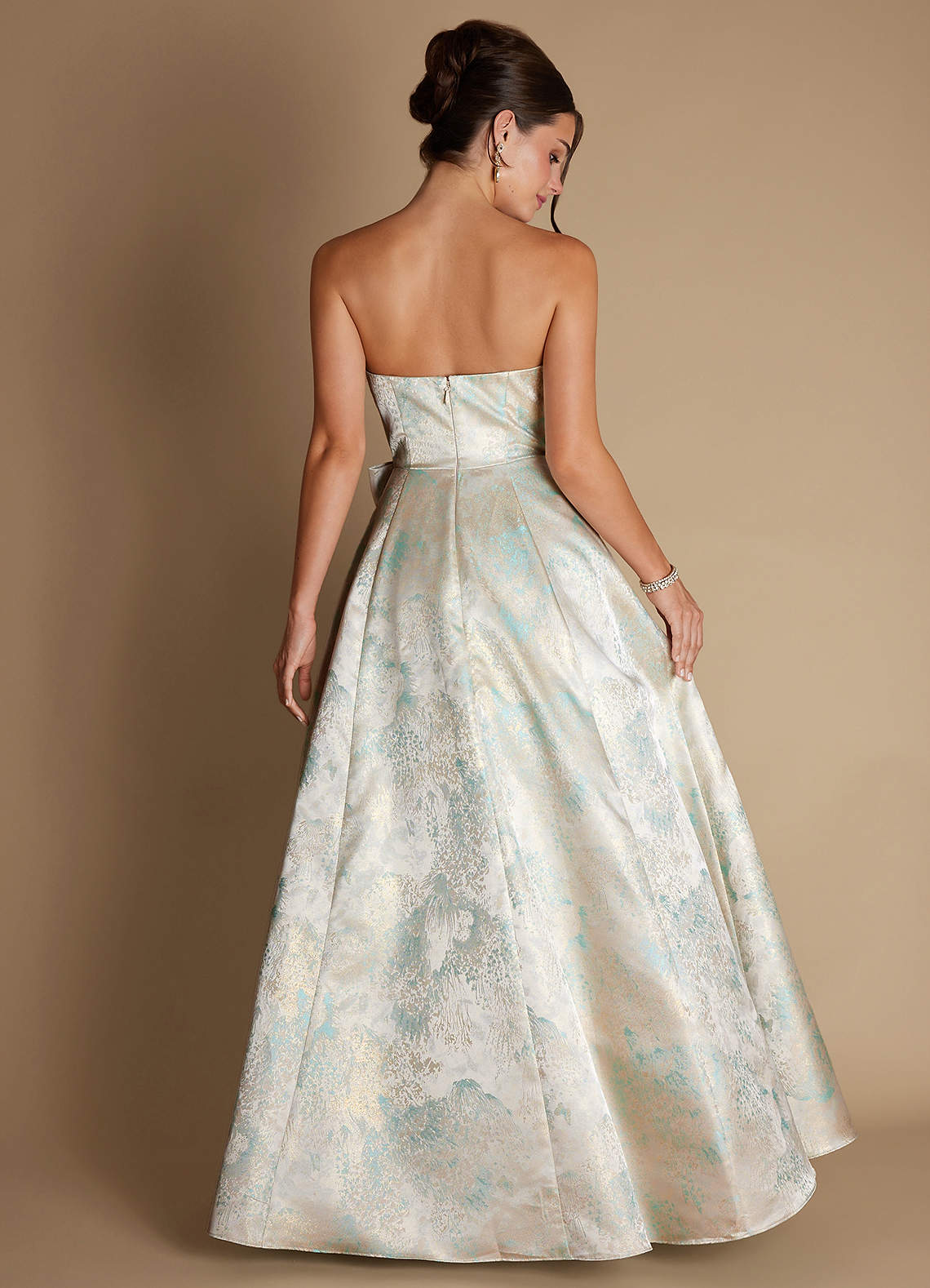 Alanis A-Line Strapless Brocade Evening Dress in Mint Pearl