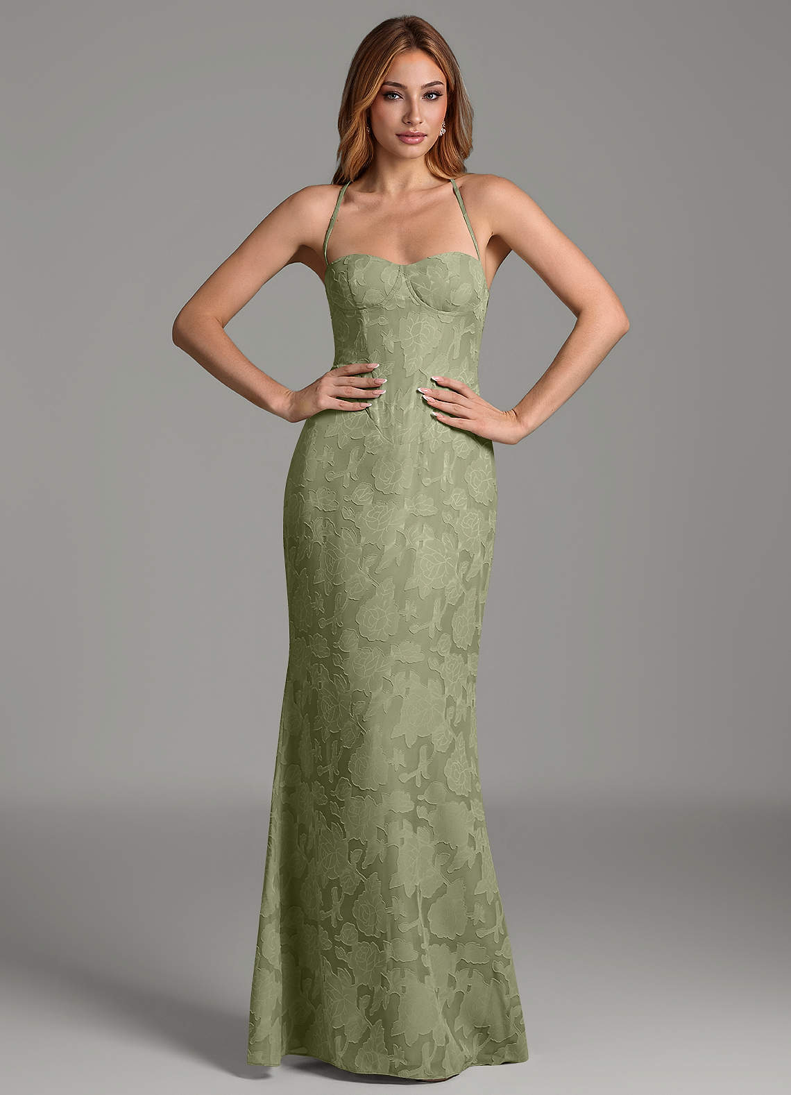 Dara Mermaid Sweetheart Floral Burnout Bridesmaid Dress in Pistachio