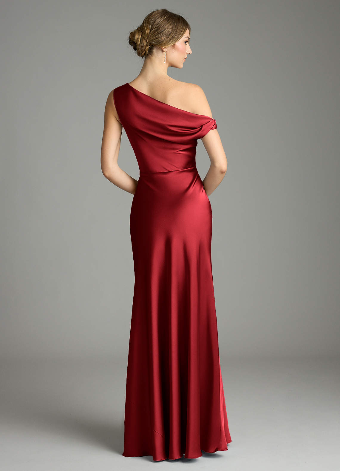 Emerson Mermaid One-Shoulder Stretch Satin Bridesmaid Dress in Scarlet