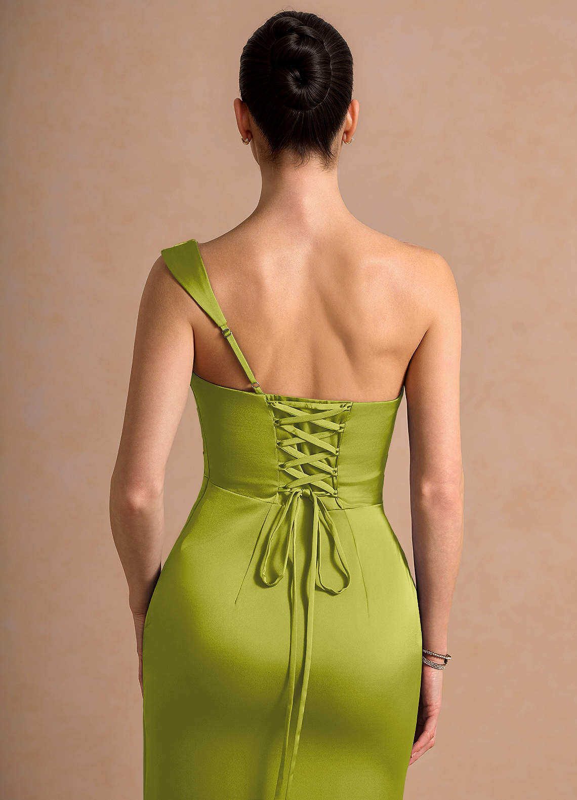 Cassiopeia One-Shoulder Draped Stretch Satin Evening Dress in Lemon Green