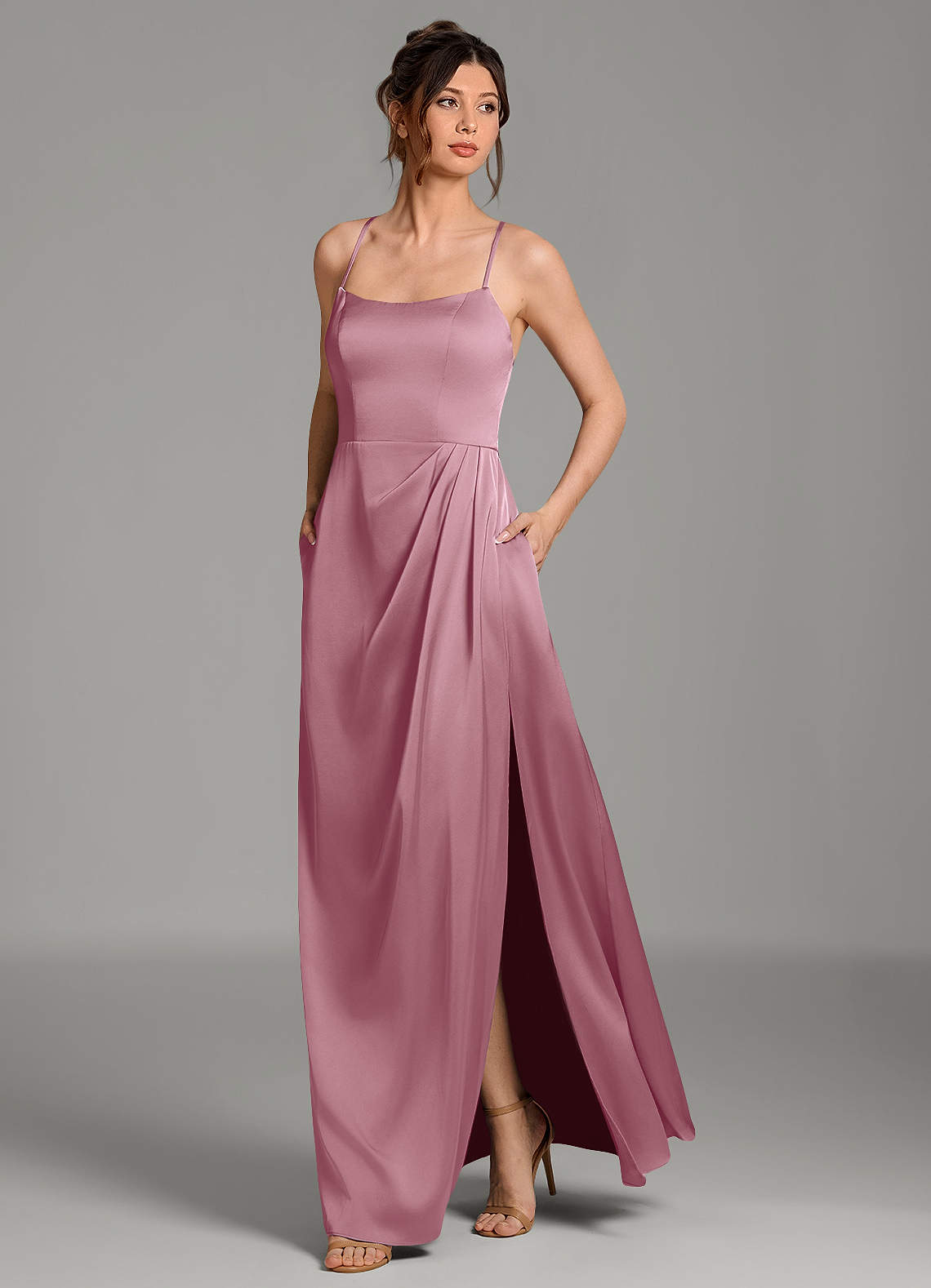 Frankie A-Line Scoop-Neck Stretch Satin Bridesmaid Dress in Vintage Mauve