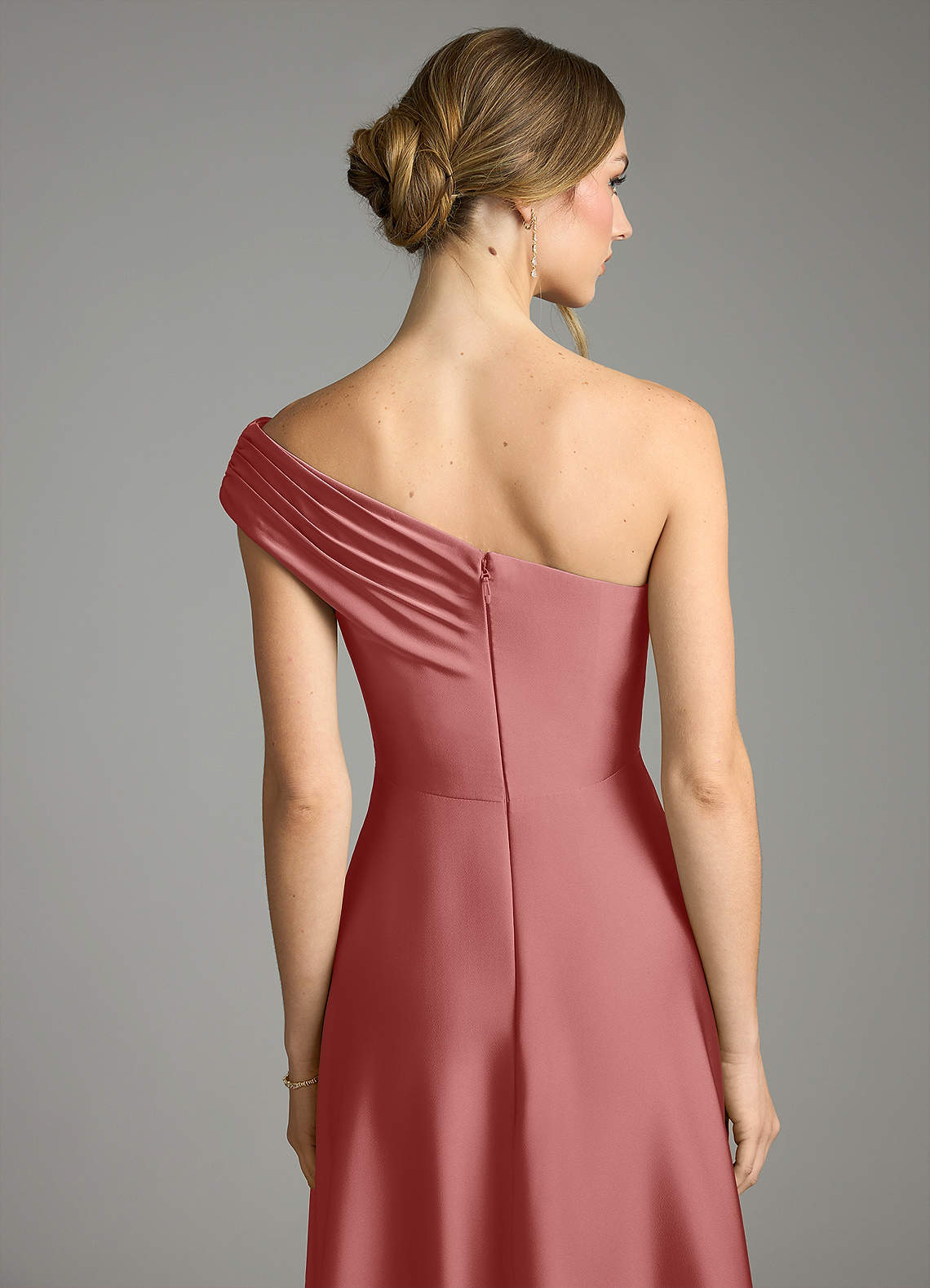 Melanie A-Line One-Shoulder Stretch Satin Bridesmaid Dress in Antique Rose