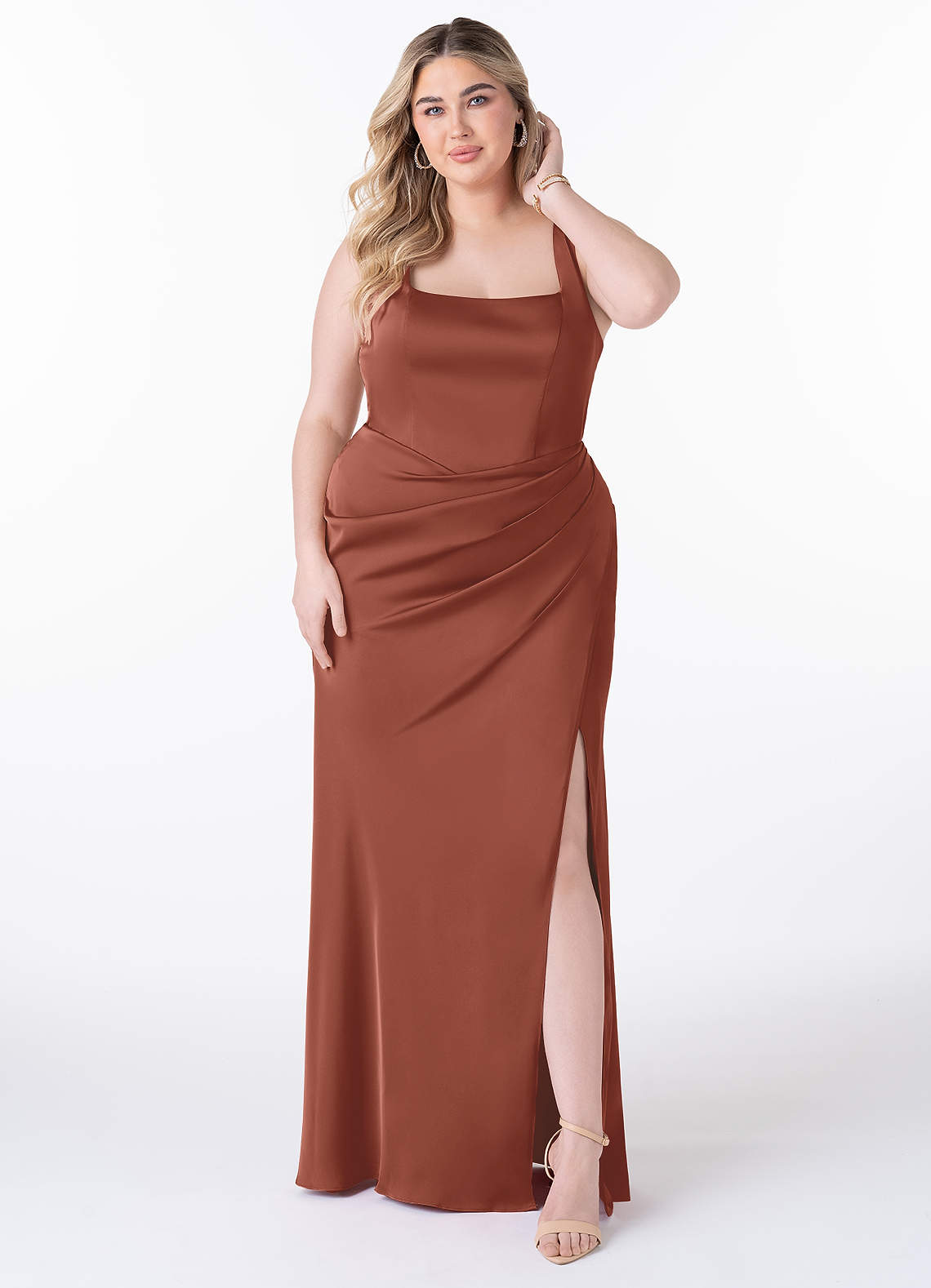 Mero Mermaid Square-Neck Stretch Satin Bridesmaid Dress in Auburn