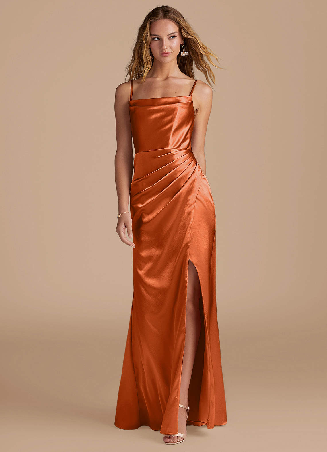 Marzia Mermaid Square-Neck Metallic Satin Bridesmaid Dress in Burnt Orange