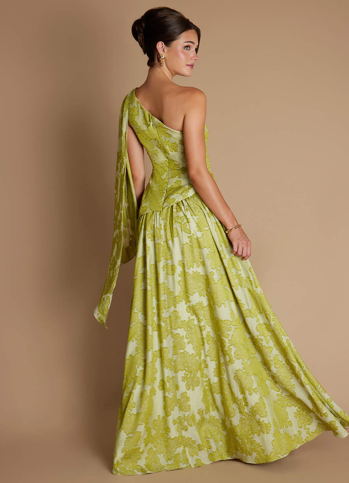 Nayra A-Line One-Shoulder Burnout Wedding Guest Dress in Vintage Chartreuse