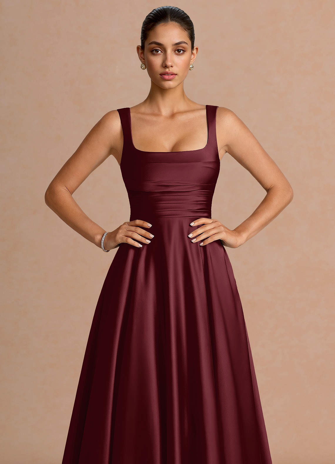 Azaria A-Line Square-Neck Stretch Satin Wedding Guest Dress in Wine