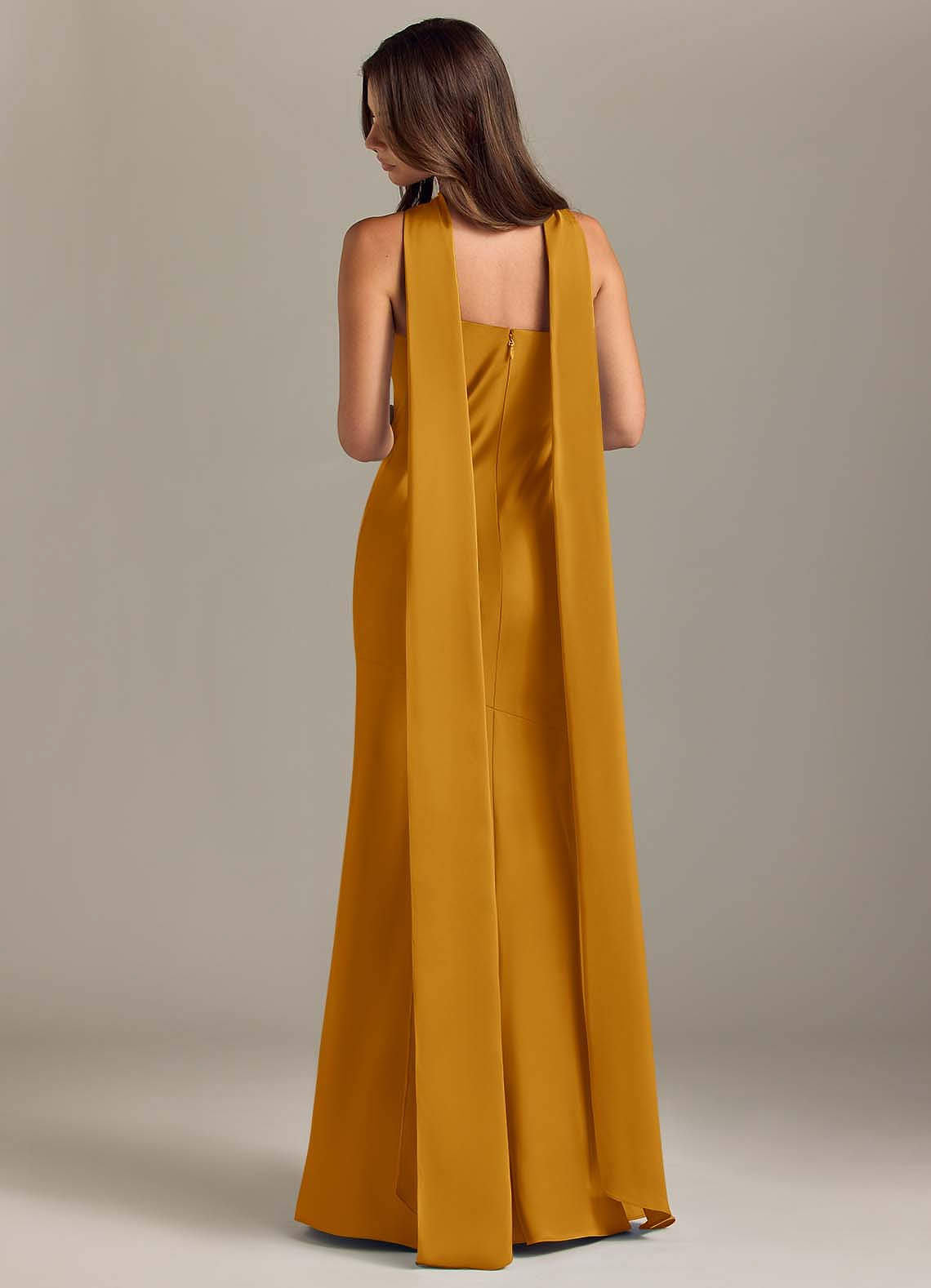 Kinsley Mermaid Halter Stretch Satin Bridesmaid Dress in butterscotch