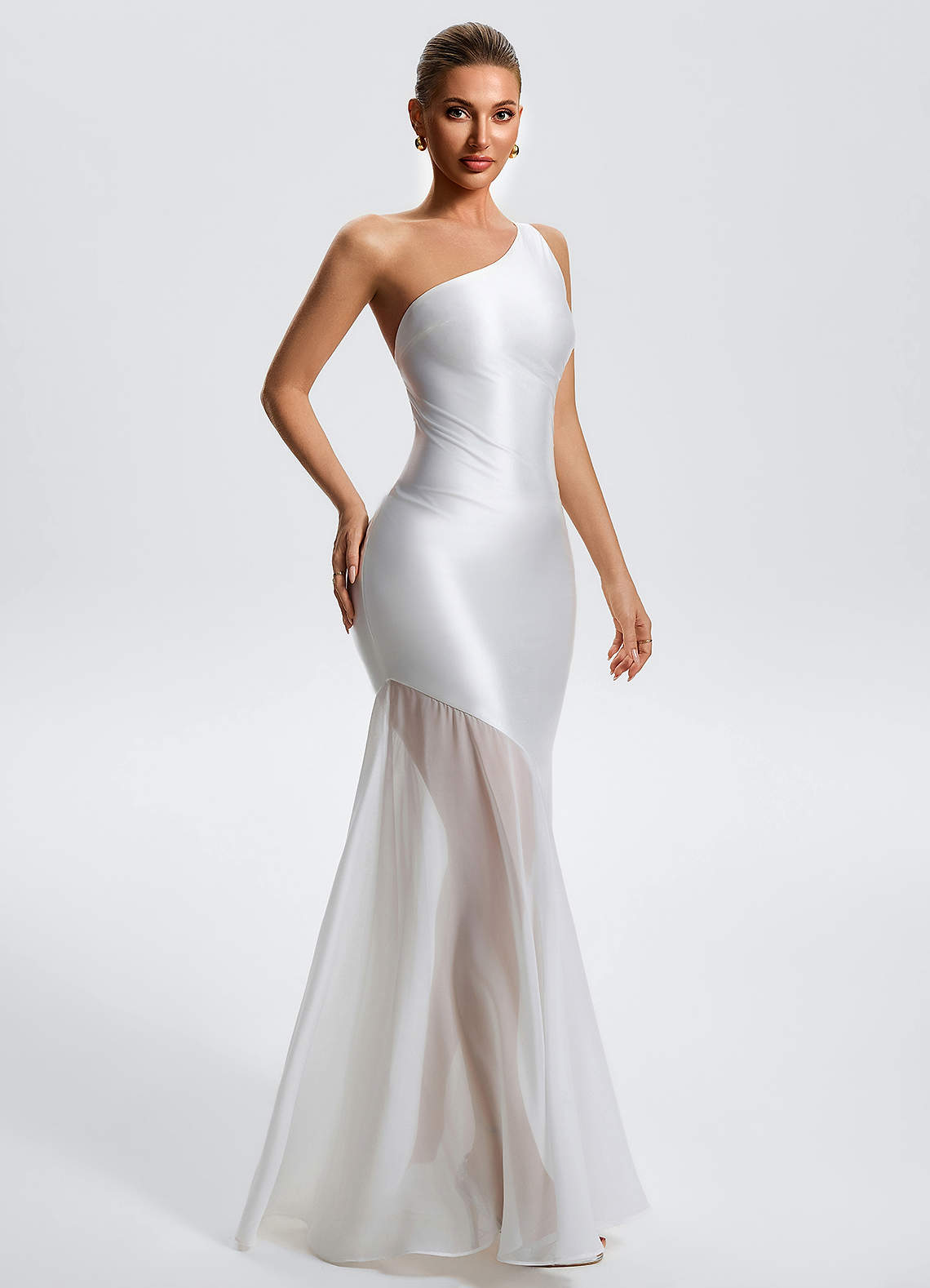 Idalia White Mermaid One-Shoulder Chiffon-Overlay Evening Dress in White Alabaster