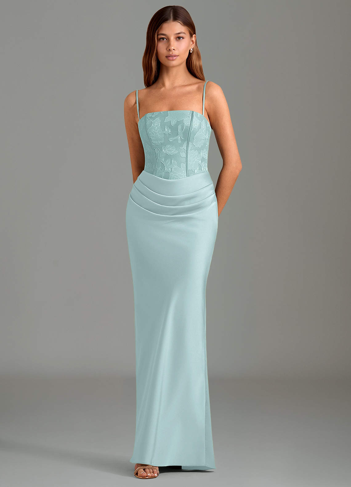 Emilia Mermaid Strapless Stretch Satin and Floral Burnout Bridesmaid Dress in Mist