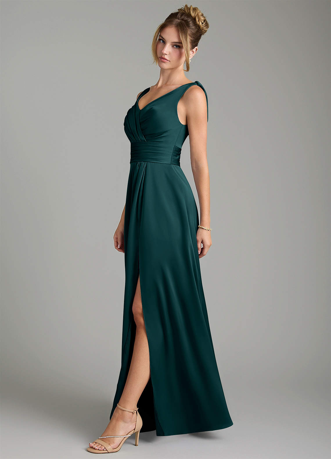Karina A-Line V-Neck Stretch Satin Bridesmaid Dress in Pine