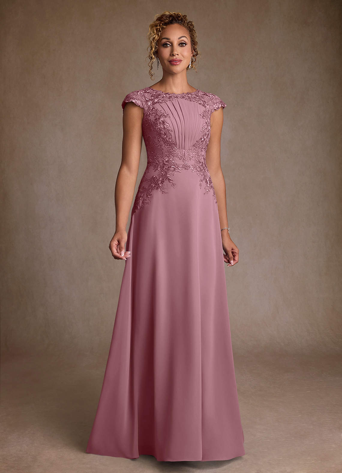 Christi A-Line Scoop-Neck Chiffon and Lace Mother of the Bride Dress in Vintage Mauve