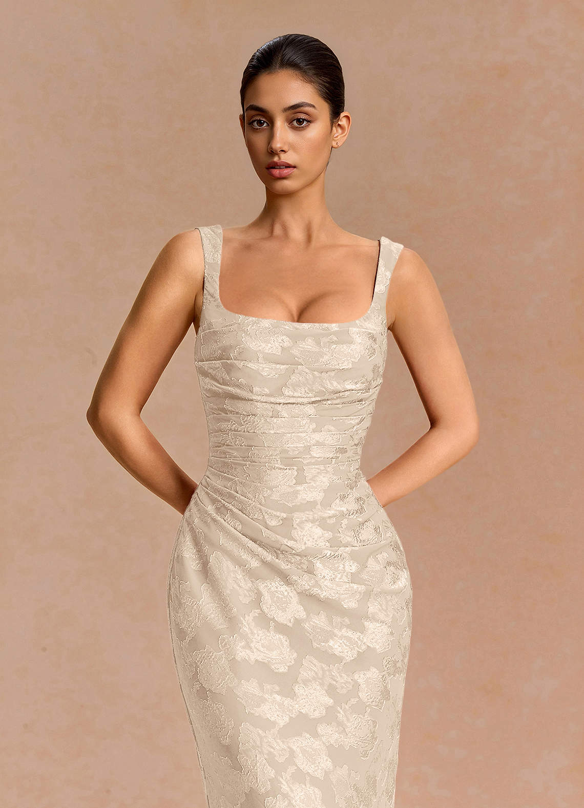 Agustina Square-Neck Pleated Fil Coupé Evening Dress in Cream