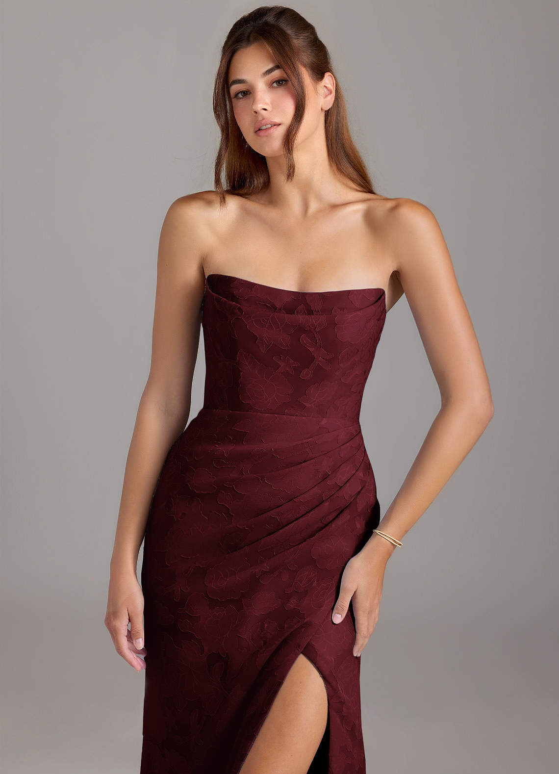 Leonis Sheath Strapless Floral Burnout Bridesmaid Dress in Cabernet