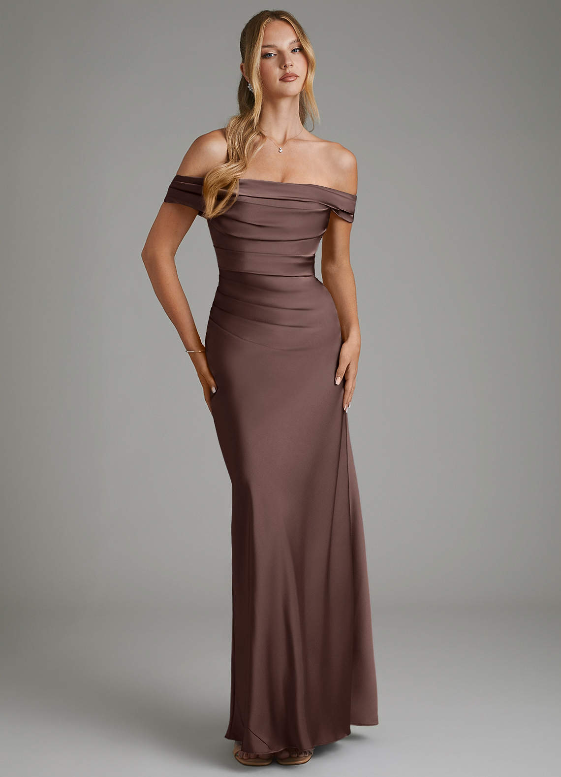 Hayden Mermaid Off-the-Shoulder Stretch Satin Bridesmaid Dress in Ganache