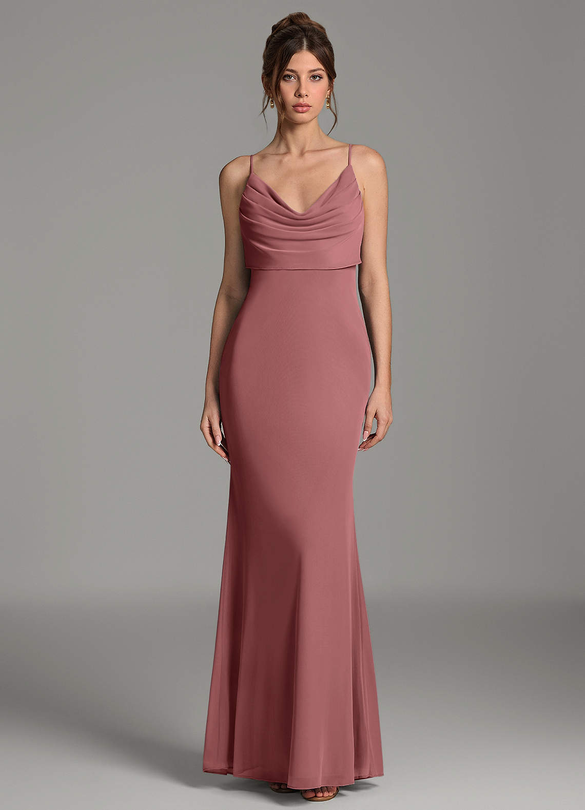 Zari Mermaid Cowl-Neck Mesh Bridesmaid Dress in Desert Rose