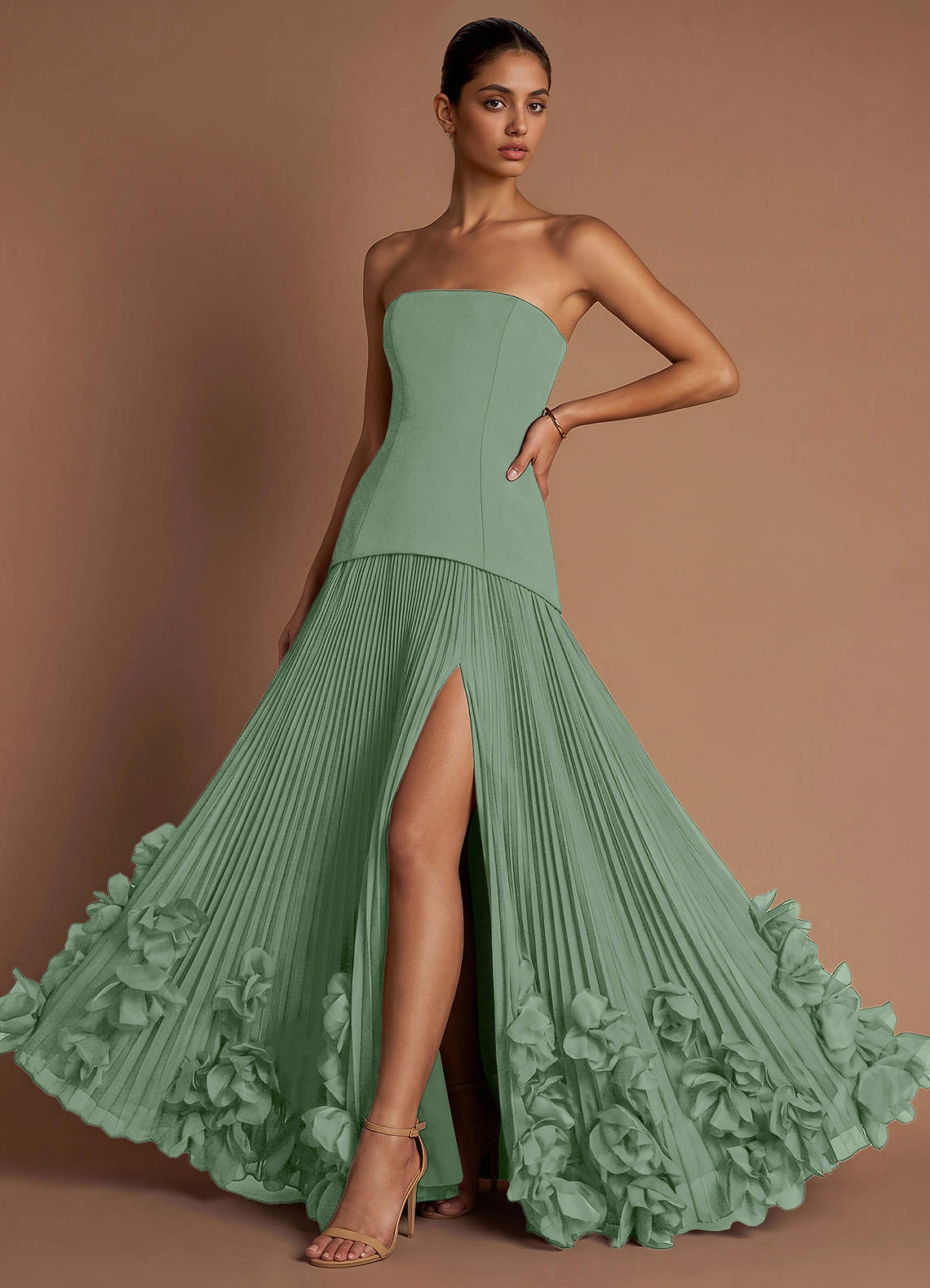 Marnie A-Line Corset Crepe Chiffon Evening Dress in matcha