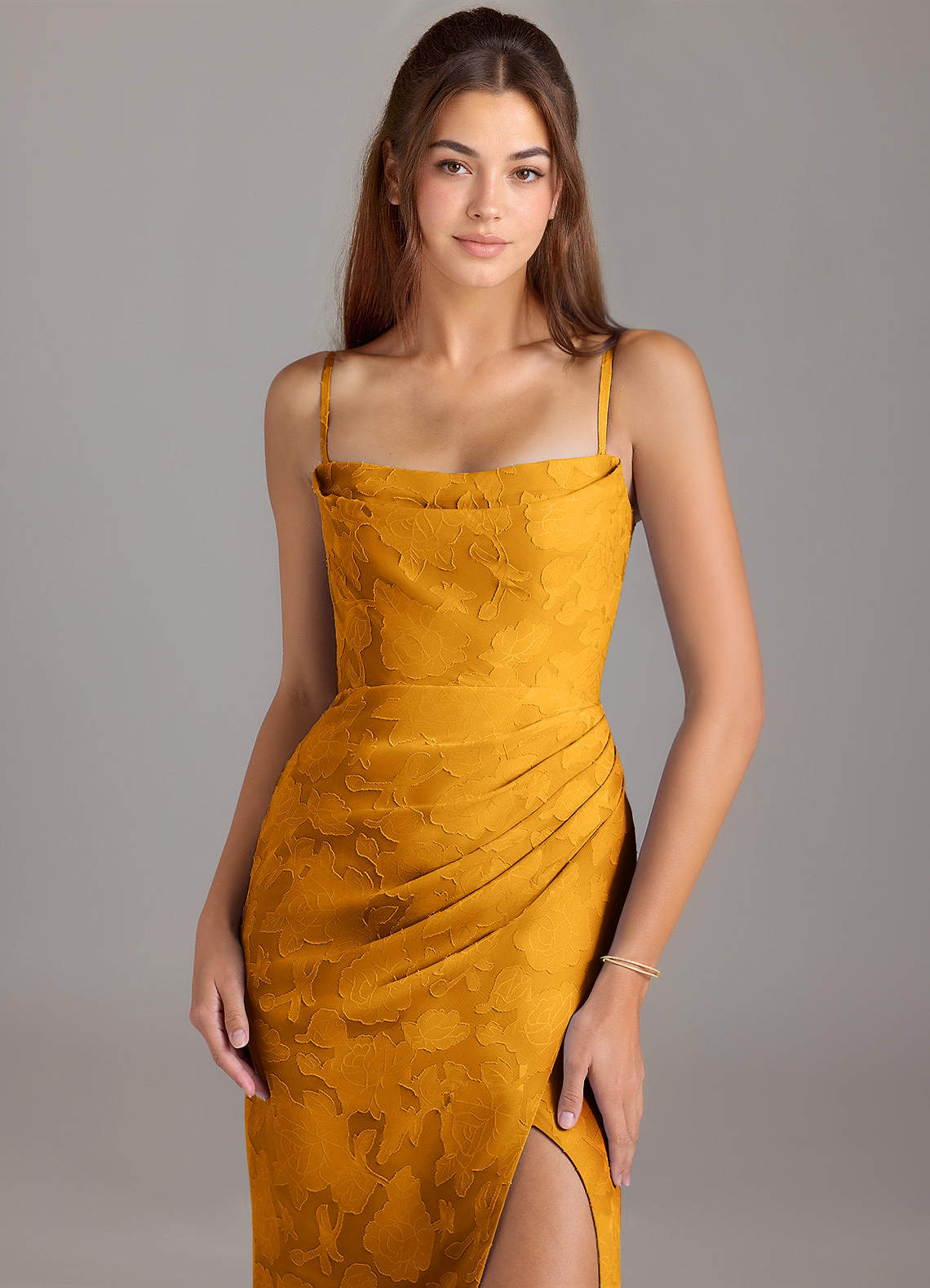 Leonis Sheath Strapless Floral Burnout Bridesmaid Dress in butterscotch