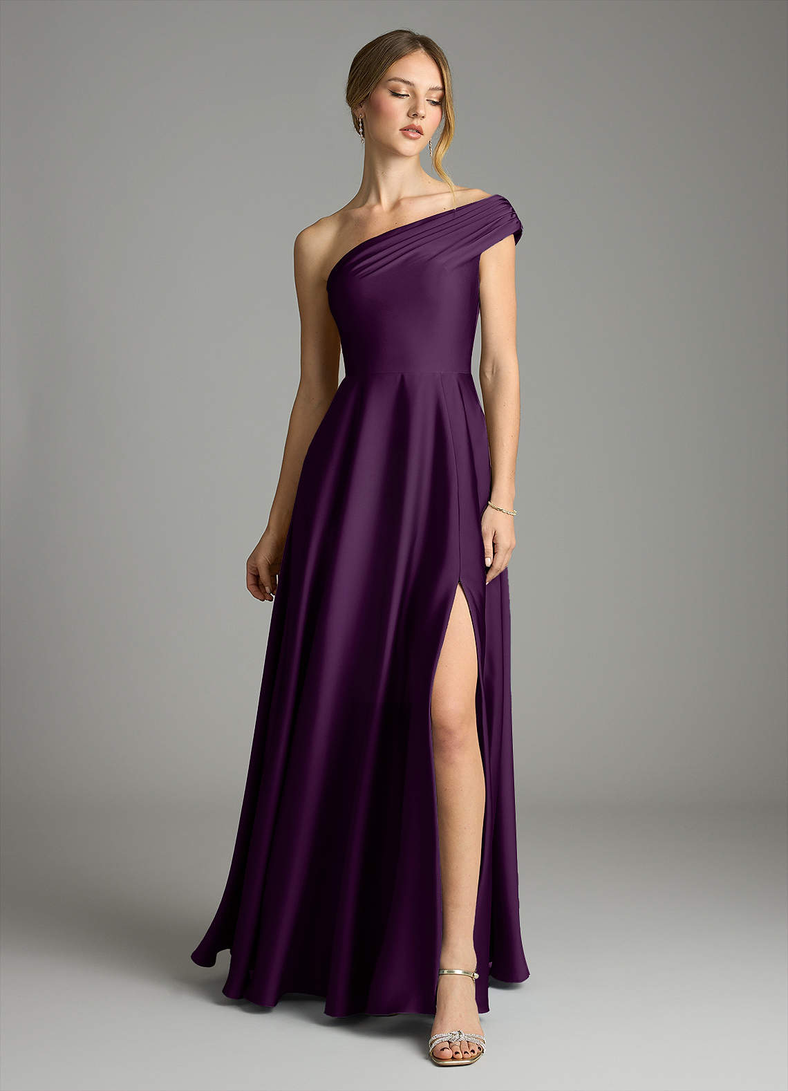 Melanie A-Line One-Shoulder Stretch Satin Bridesmaid Dress in Grape
