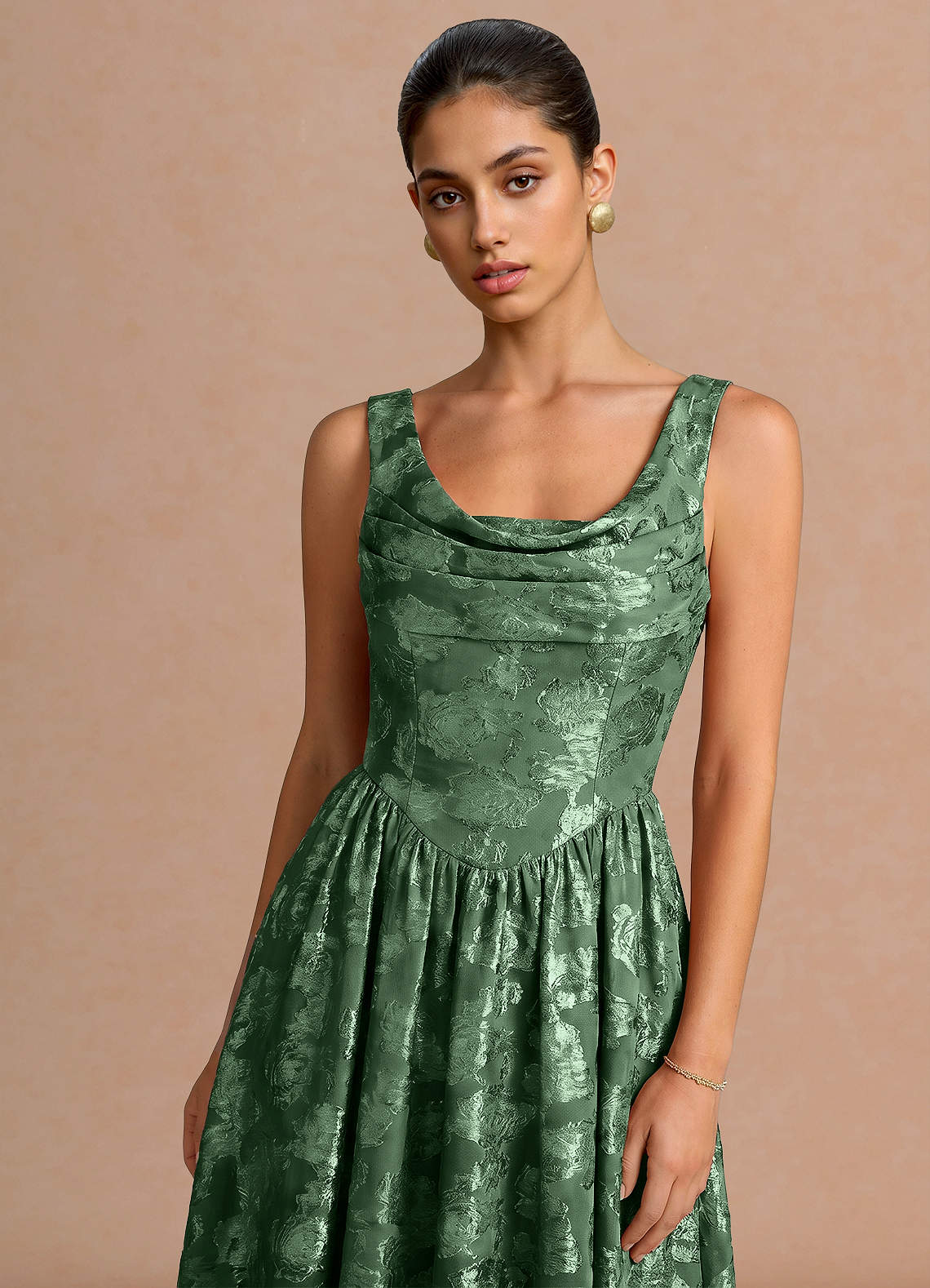 Novi A-Line Draped-Neck Floral Fil Coupé Evening Dress in Eucalyptus