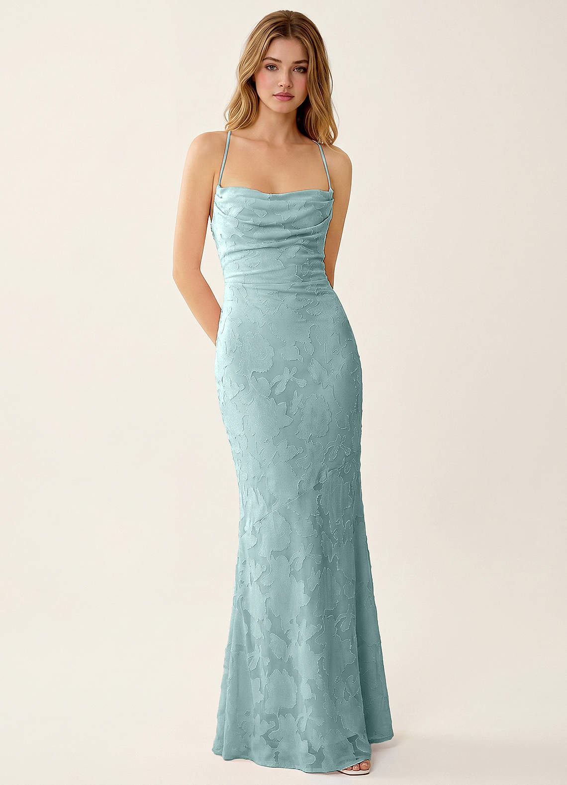 Natasha Mermaid Spaghetti-Strap Floral Burnout Evening Dress in Mist