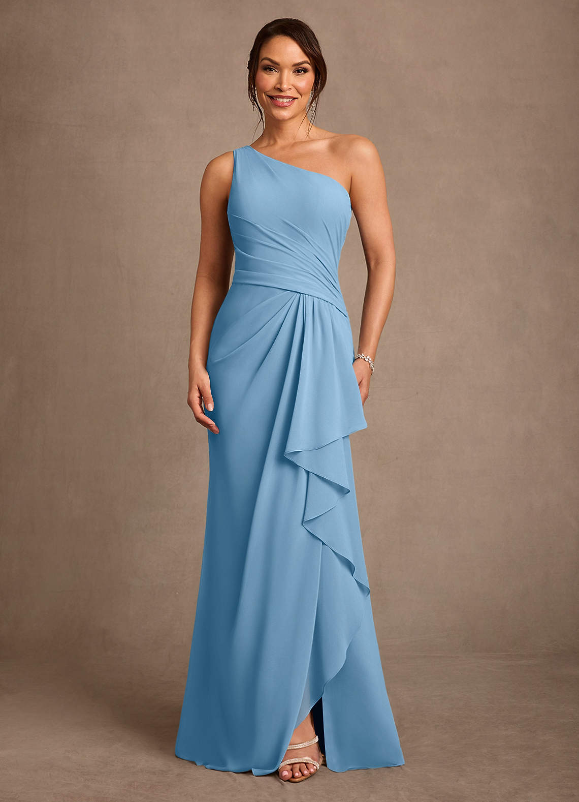Floy Sheath One-Shoulder Chiffon Mother of the Bride Dress in Steel Blue