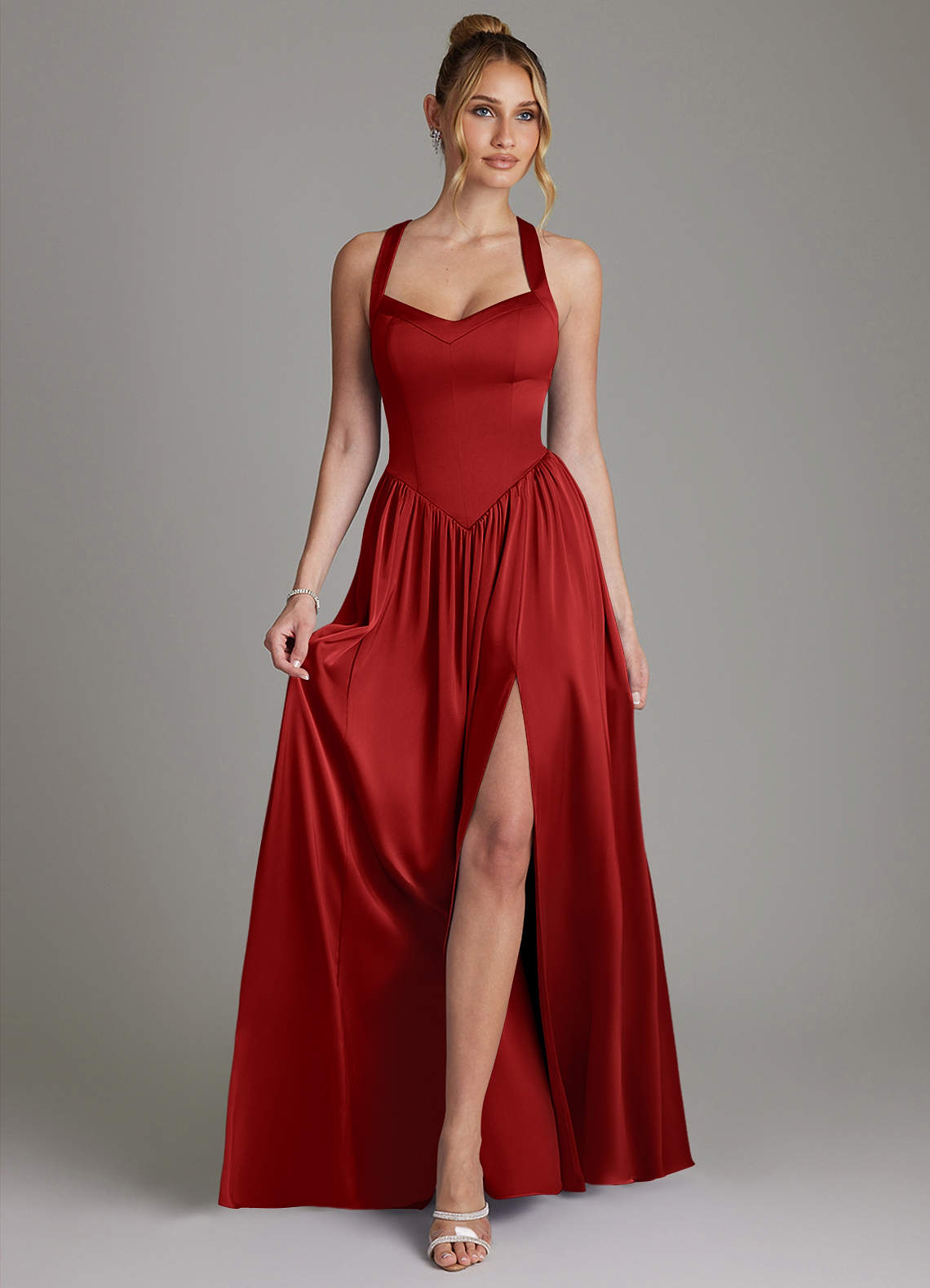 Francis A-Line V-Neck Stretch Satin Bridesmaid Dress in Pomegranate