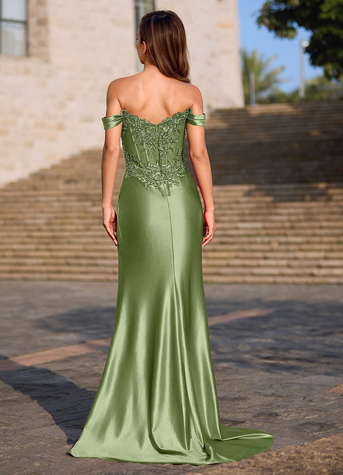 Opulence Mermaid Off-the-Shoulder Satin Evening Dress in Olive