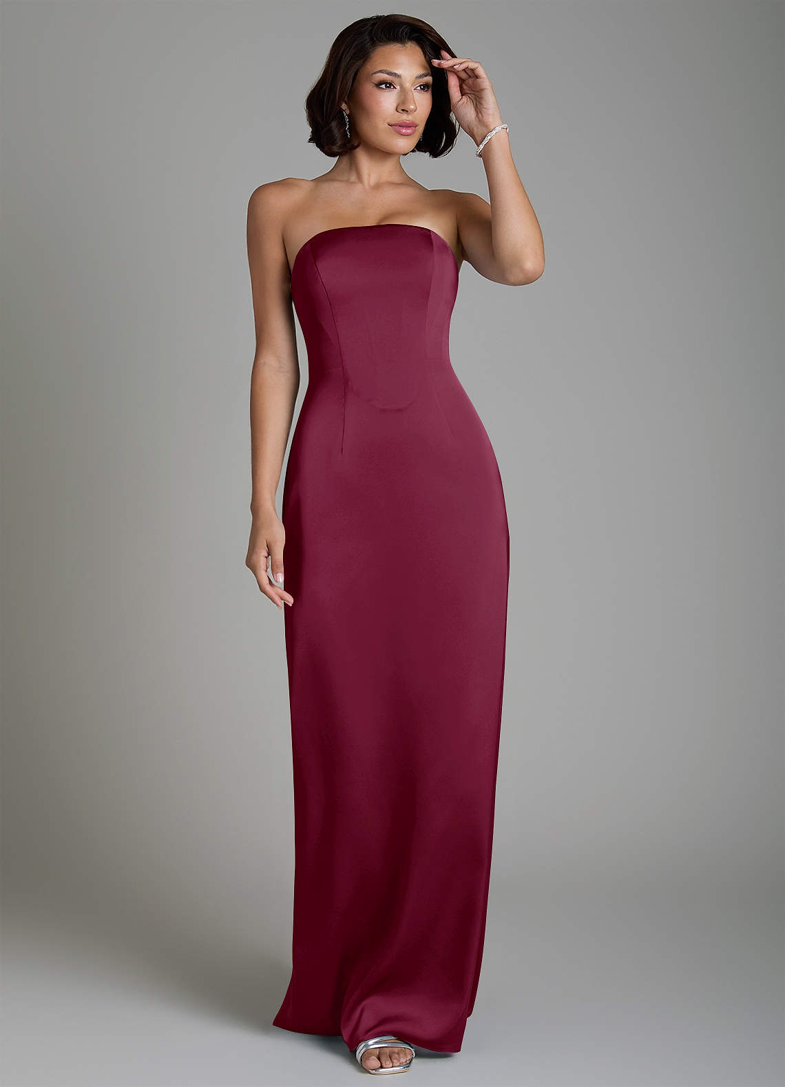 Fallyn Sheath Strapless Stretch Satin Bridesmaid Dress in Mulberry